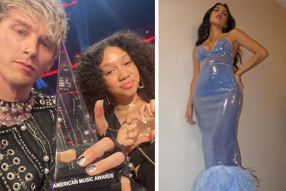 Machine Gun Kelly (l.) won Favorite Rock Artist at the 2021 American Music Awards and brought his daughter Casie in lieu of his usual red carpet date, girlfriend Megan Fox. Olivia Rodrigo (r.) shined as she won New Artist of the Year.