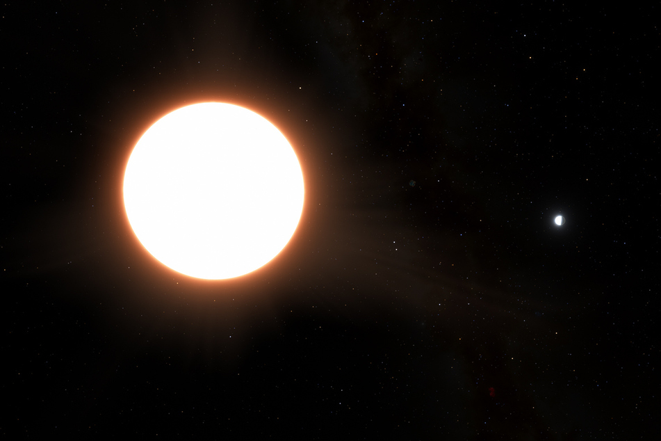 LTT9779b (rechts) kreist um seinen Heimatstern. Der Exoplanet ist ungefähr so groß wie der Neptun und reflektiert bis zu 80 Prozent des Lichts.