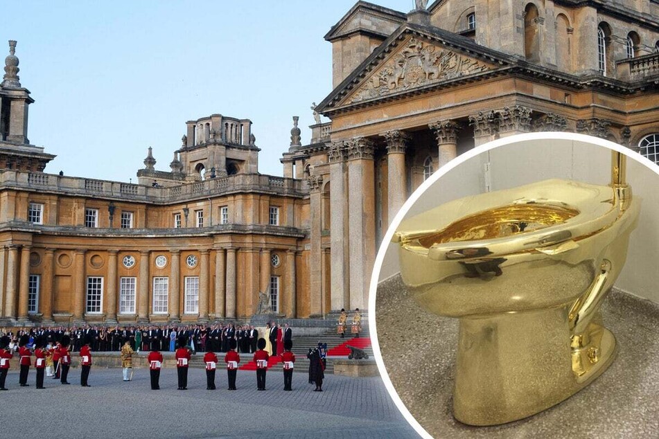 The fully functional solid gold toilet (inset) was exhibited at the Guggenheim Museum in New York in 2016 before it moved to Blenheim Palace (l.).