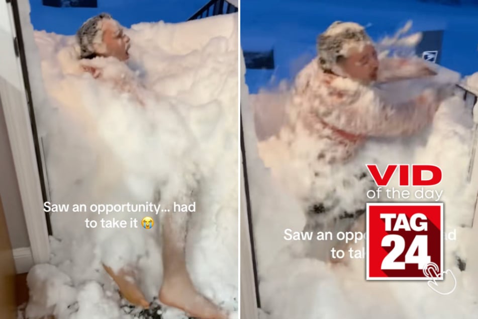 viral videos: Viral Video of the Day for February 24, 2026: Man gets pushed into mountain of snow by wife – twice!