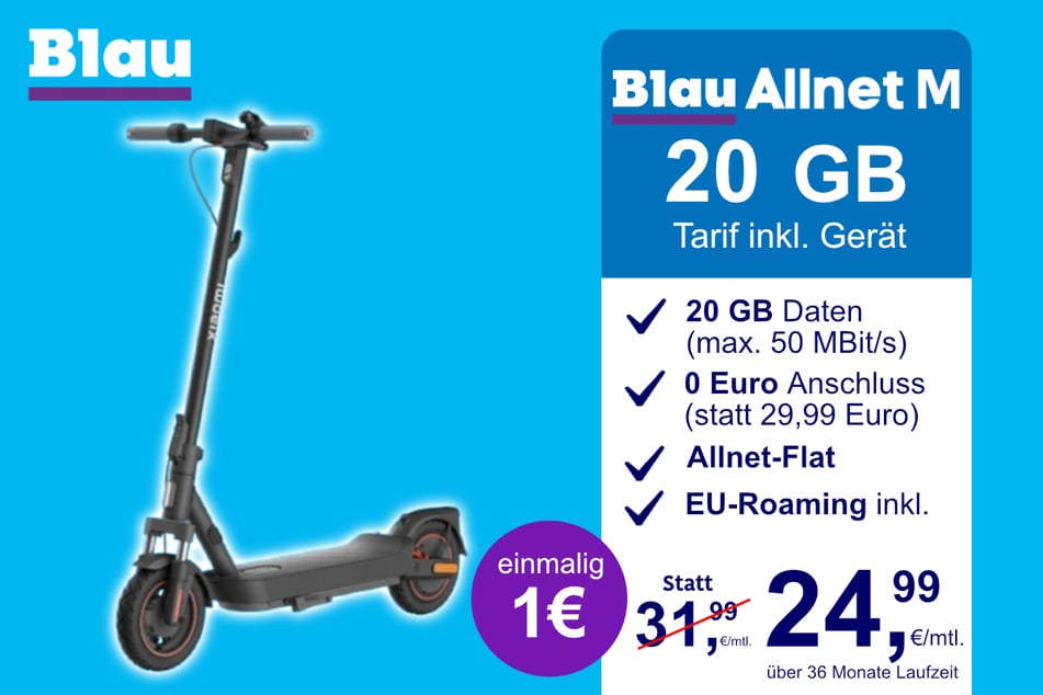 Der Xiaomi E-Scooter 5 Max im Blau Allnet M für einmalig 1 Euro.
