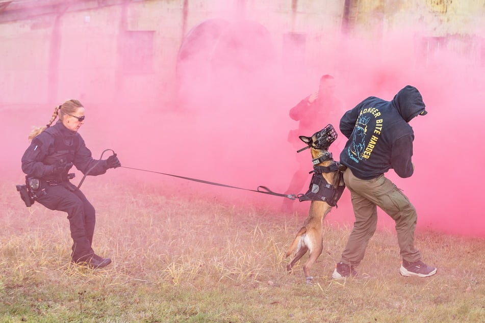 Mit Maulkorb und an der langen Leine: In dichten Nebelschwaden trainiert Polizeihauptmeisterin Claudia T. (39) mit ihrer Hündin Abby (4) das Abdrängen von Demonstranten, um Platzverweise umzusetzen.