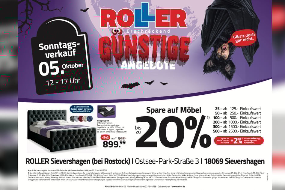 Zum verkaufsoffenen Sonntag (5.10.) bei ROLLER in Sievershagen gibt's Boxspringbetten 54 Prozent günstiger.