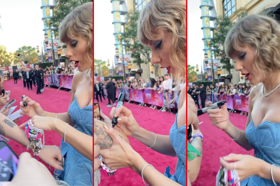 Taylor Swift signs a fans arm at the LA premiere of her new Eras Tour film.