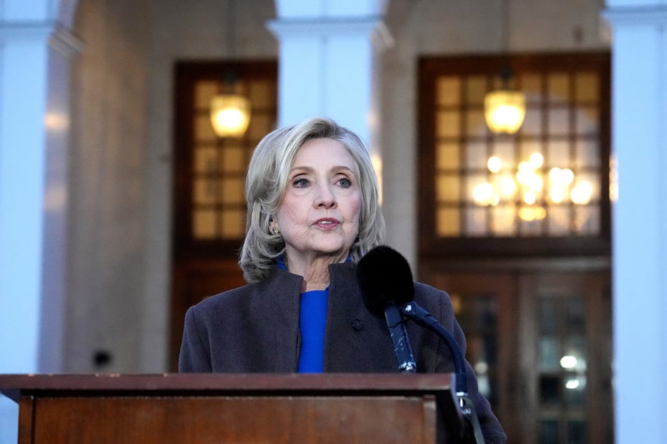 Hillary Clinton speaks to the press after testifying in a closed-door deposition on February 26, 2026 in Chappaqua, New York.