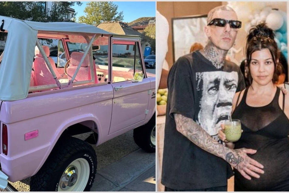 Kourtney Kardashian (r) and Travis Barker enjoyed a sunny day date in a Barbie-style jeep.