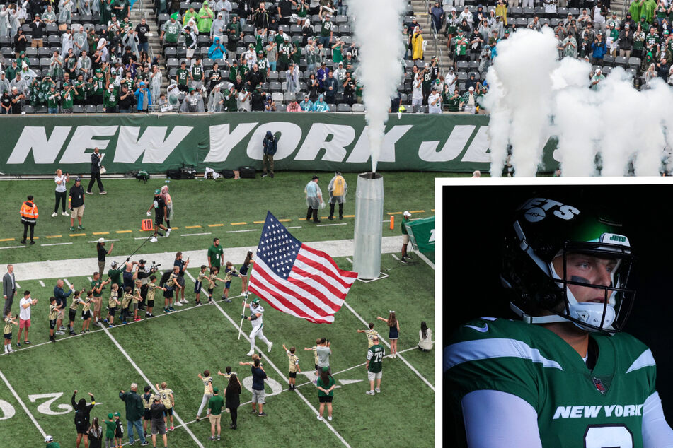 The New York Jets lost their season opener game against the Baltimore Ravens at MetLife Stadium on Sunday (l.), as injured starting quarterback Zach Wilson (inset) waited in the wings and has returned to practice.