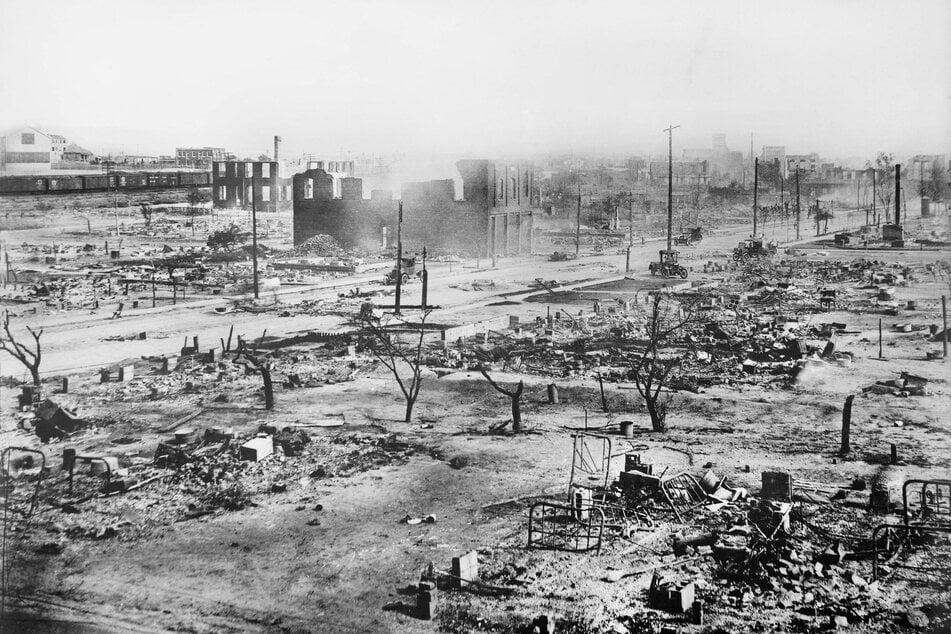 The once-thriving Greenwood district is reduced to ruins after the 1921 Tulsa Race Massacre.