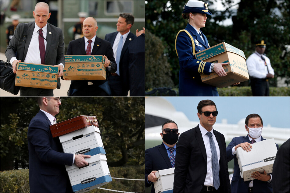 Boxes of documents being carried ahead of travel undertaken by then-President Donald Trump.
