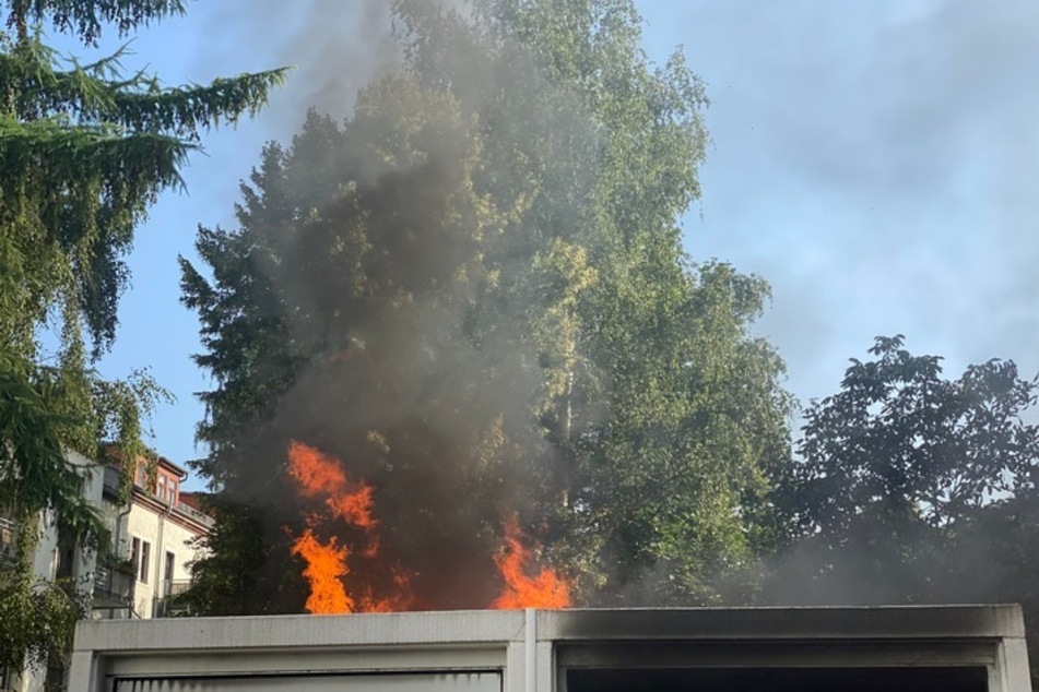 Flammen über einem Schuppen. Die Dresdner Feuerwehr musste schnell handeln.