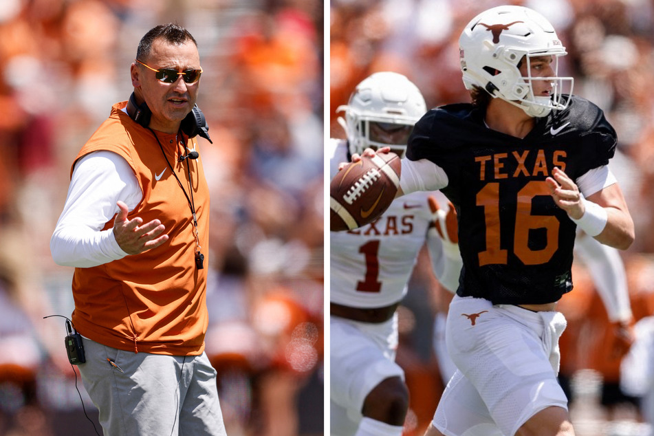 In a recent interview, Texas football head coach Steve Sarkisian (l) revealed his plan for Arch Manning (r) for this upcoming college football season.