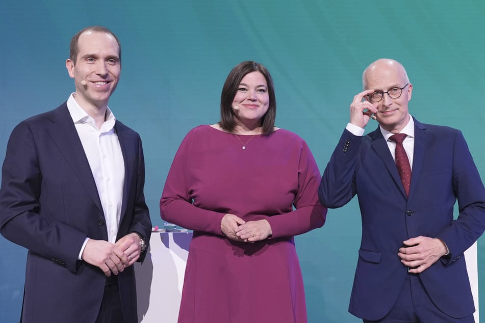 Dennis Thering (40, CDU, v.l.n.r.), Katharina Fegebank (47, Bündnis 90/Die Grünen) und Amtsinhaber Peter Tschentscher (59, SPD) sind die Spitzenkandidaten für den Bürgermeisterposten.