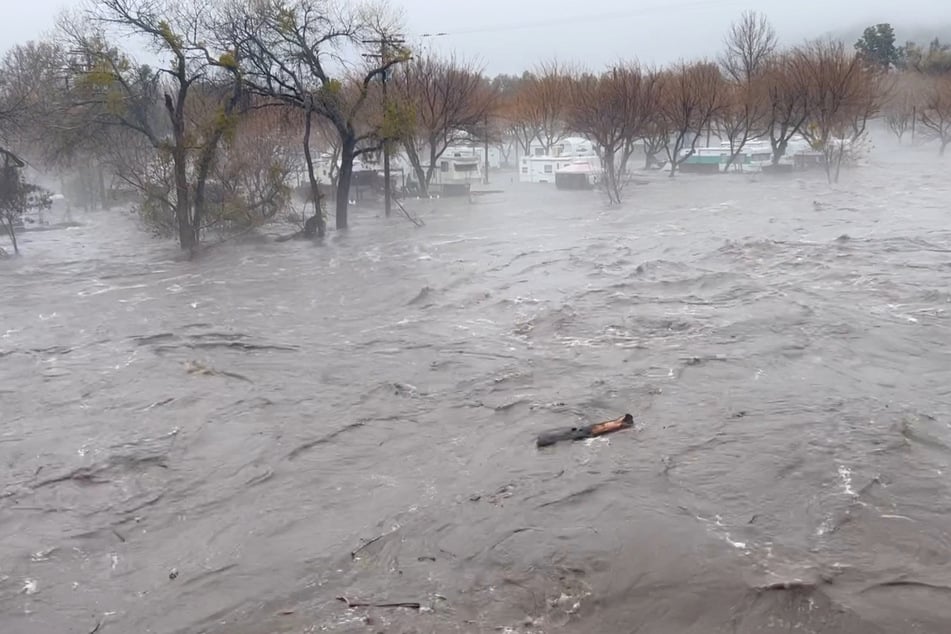 The Kern River overflows as storms hit Kernville, California, on March 10, 2023.
