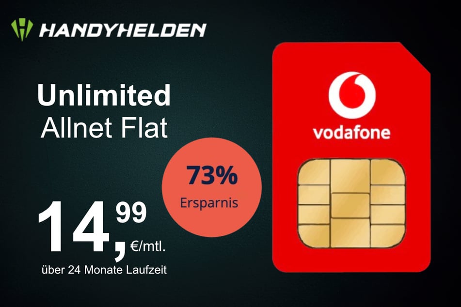 Die Vodafone Unlimited Allnet Flat für 14,99 statt 54,99 Euro pro Monat.