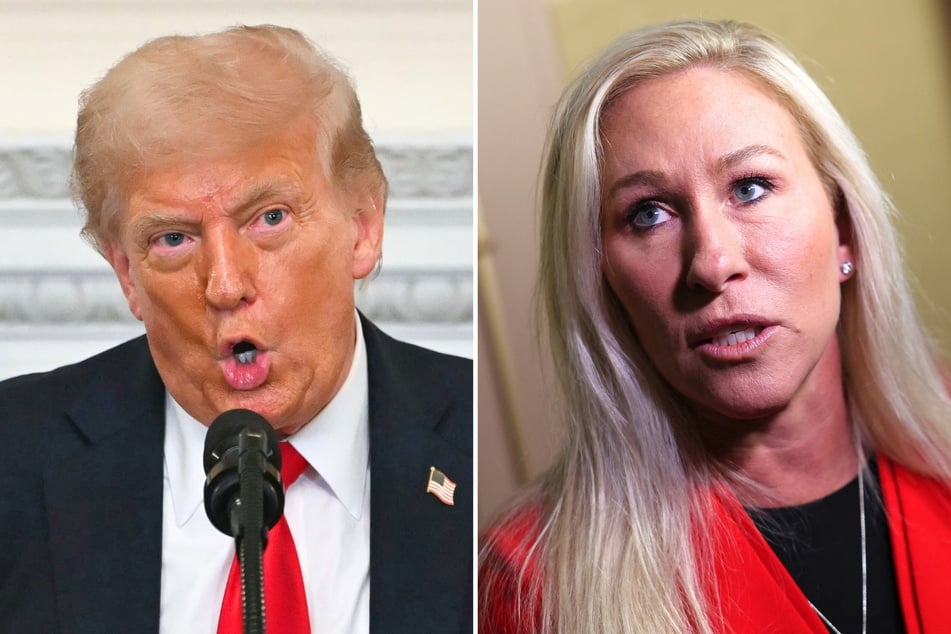 Marjorie Taylor Greene (r.) recently criticized President Donald Trump's plan to send weapons to Ukraine as being at odds with their "America First" ethos.