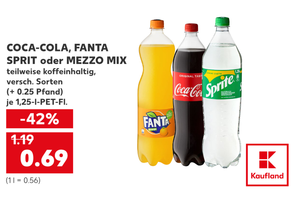 Coca-Cola, Fanta, Sprit oder Mezzo Mix für nur 0,69 Euro statt 1,19 Euro.