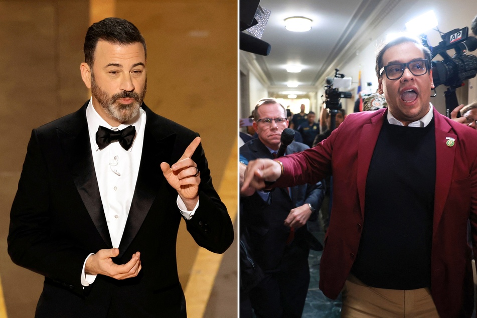 Former Congressman George Santos (r.) and his attorney have threatened legal action against Jimmy Kimmel (l.) for using his Cameo videos without consent.