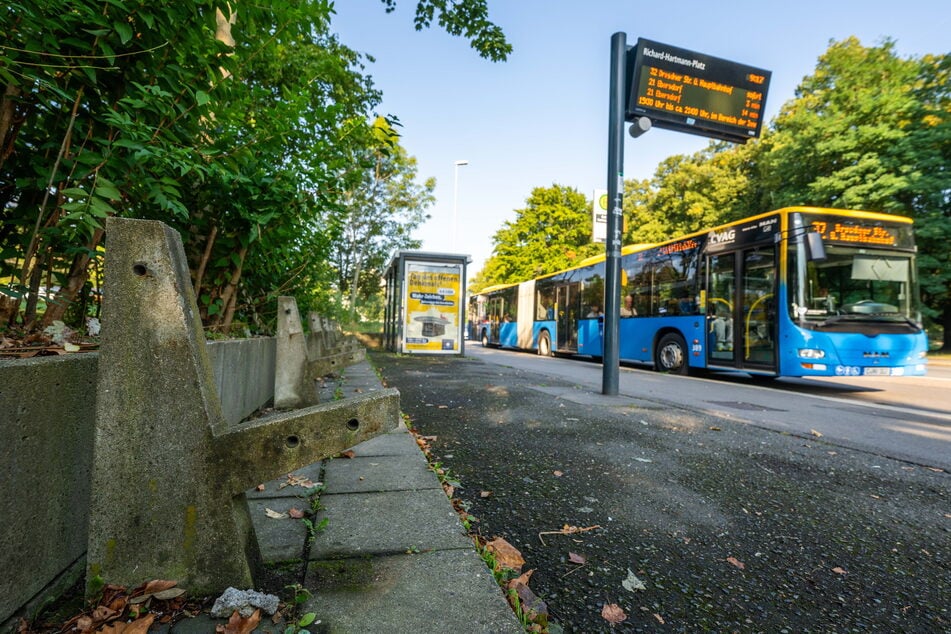 Hinter dem Busunterstand befinden sich Betonkonstruktionen für Sitzbänke. Die Sitzflächen waren bis vor Kurzem nicht mehr vorhanden.