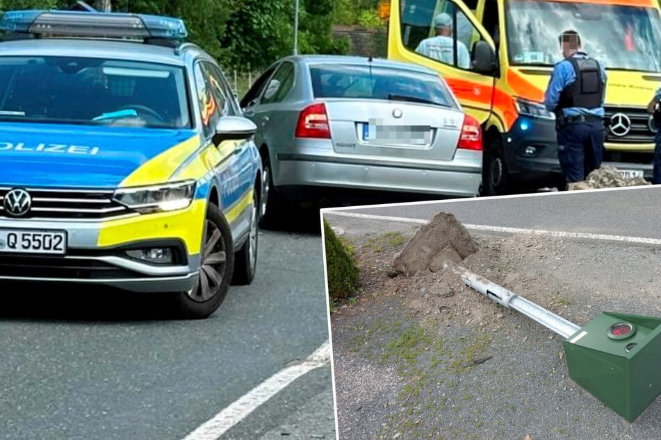Skoda-Fahrerin verliert Kontrolle, Blitzer fällt um