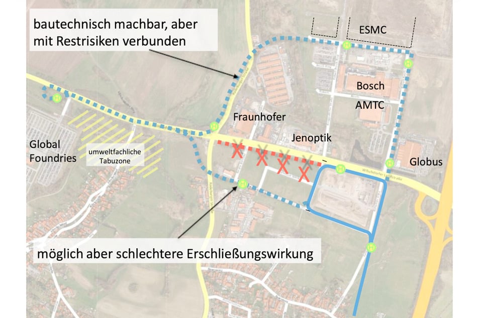 Die durchgezogene blaue Linie zeigt die künftige Trasse der Linie 8 bis zur Wilschdorfer Landstraße.