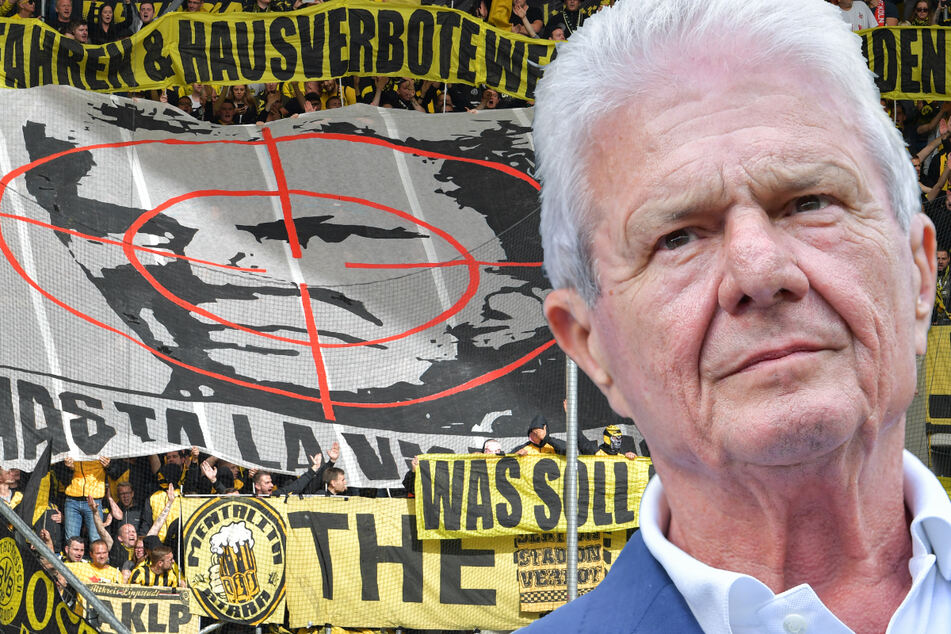 Dietmar Hopp (80) musste sich mehrmals von Fan sim Stadion verunglimpfen lassen, wie etwa im September 2018 von BVB-Anhängern. Die "verzierten" sein Konterfei mit einem Fadenkreuz. (Montage)
