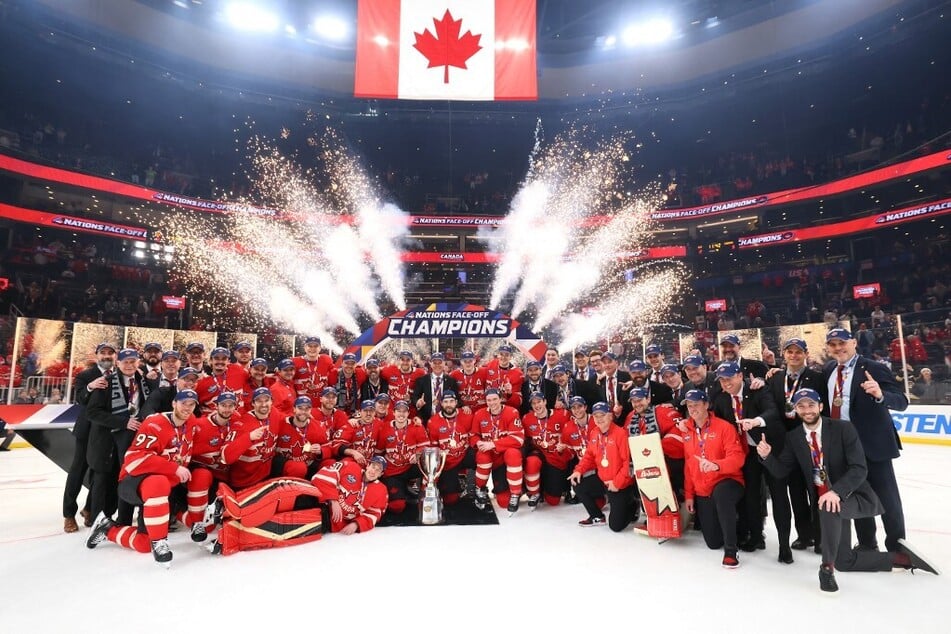 Team Canada celebrates after defeating Team USA in overtime to win the NHL Four Nations Face-Off Championship Game at TD Garden on February 20, 2025.