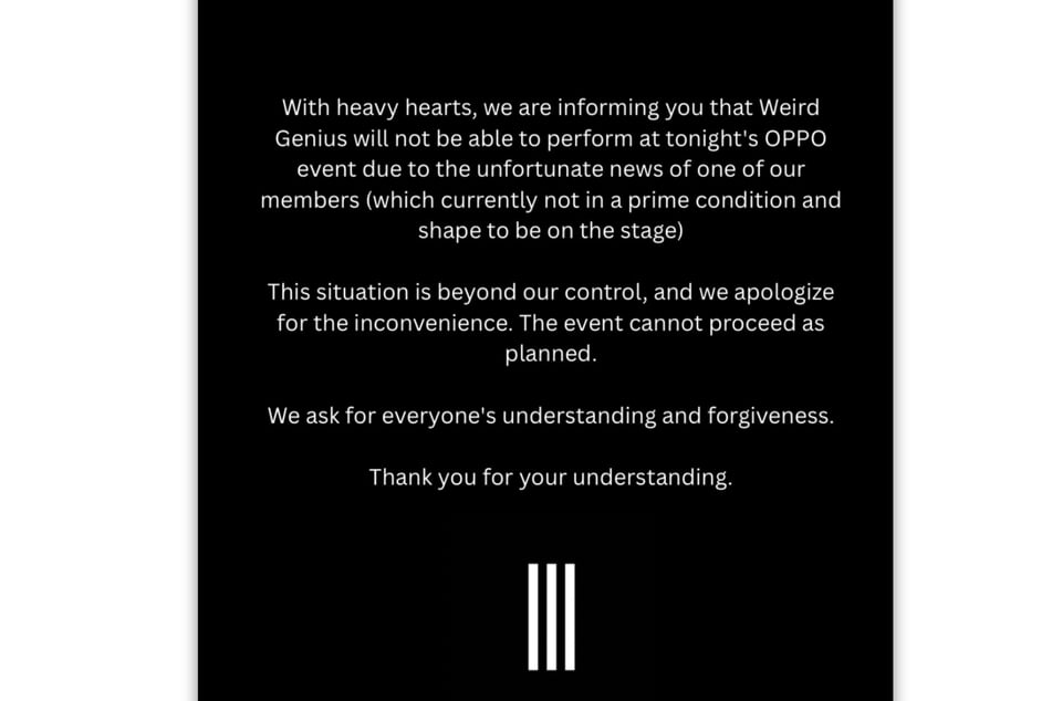 Die Musikgruppe Weird Genius, deren Mitglied Lahfahs Freund ist, sagte ihr Konzert aufgrund bedauerlicher Nachrichten ab.