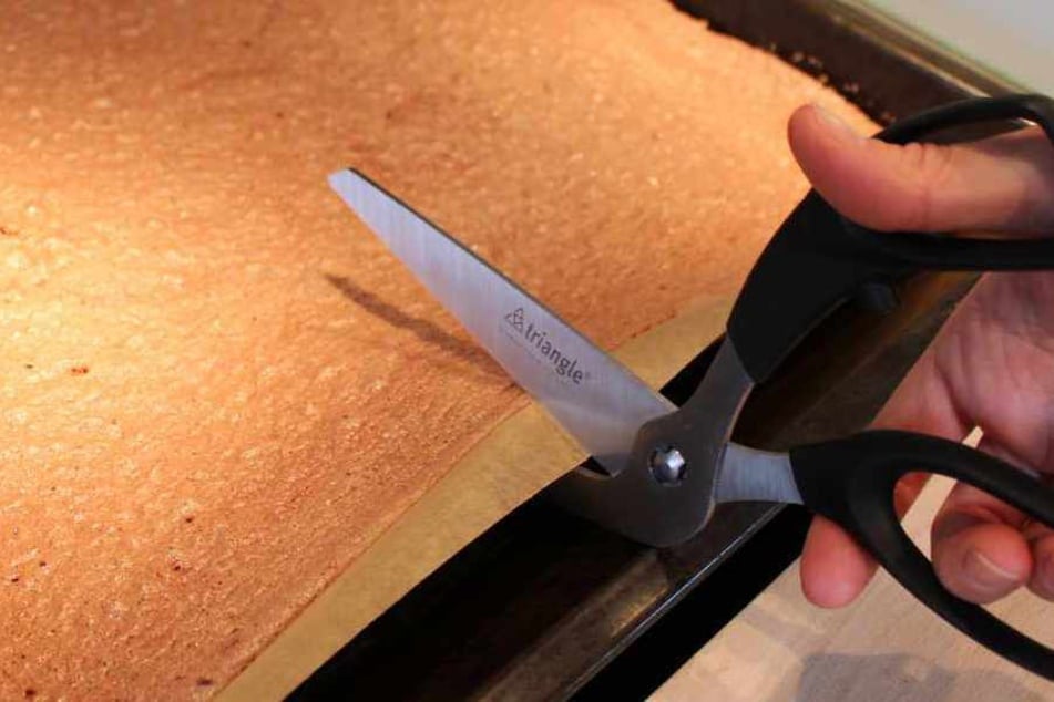 Eine Pizzaschere eignet sich hervorragend, um den Teig samt Backpapier zu halbieren. Alternativ nimmt man ein Messer und schneidet anschließend mit einer normalen Schere das Backpapier durch.