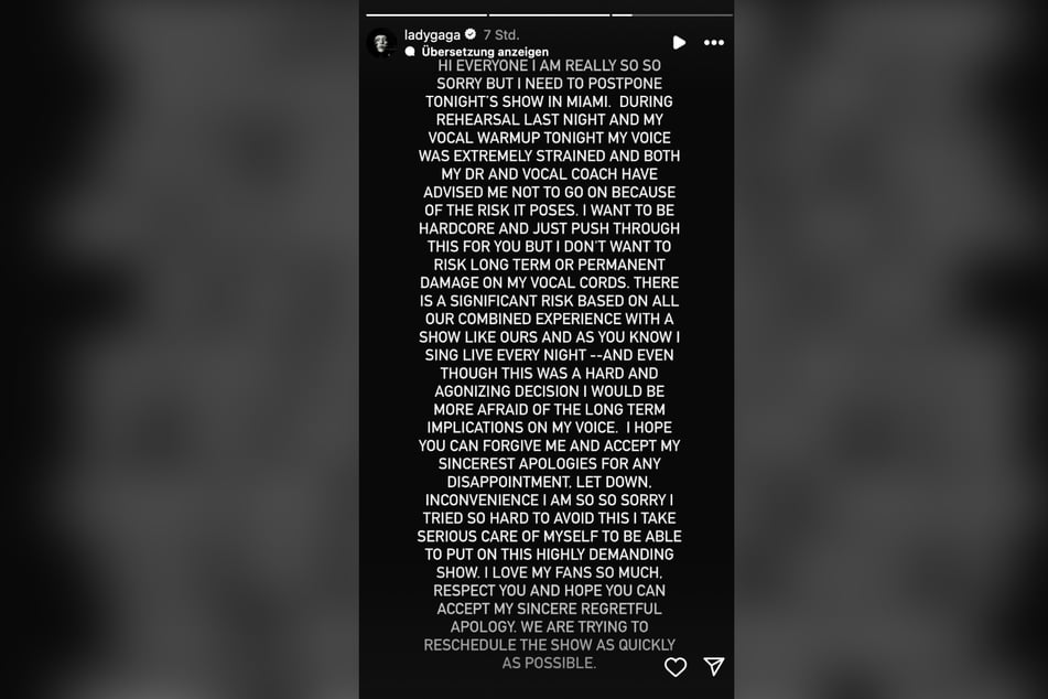 Auf Instagram ließ Lady Gaga ihre Fans von der Absage wissen.