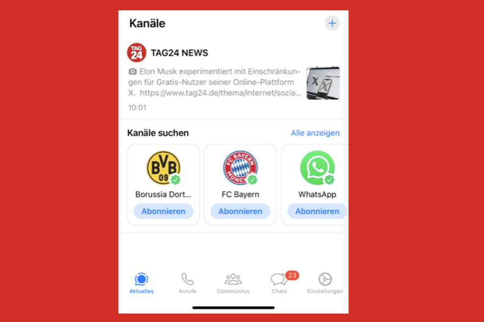 Zum TAG24-Kanal gelangt man bei WhatsApp unten links über "Aktuelles" (früher Status).