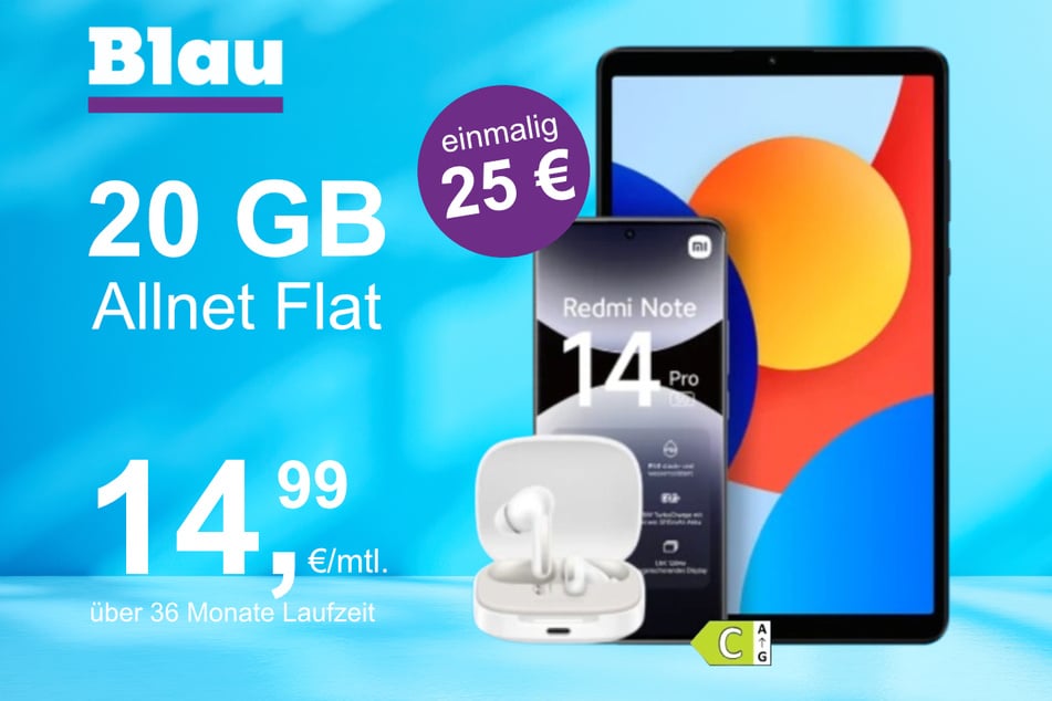 Das Xiaomi Redmi Note 14 Pro + Pad SE + Buds 6 im Blau Allnet M für einmalig 25 Euro.