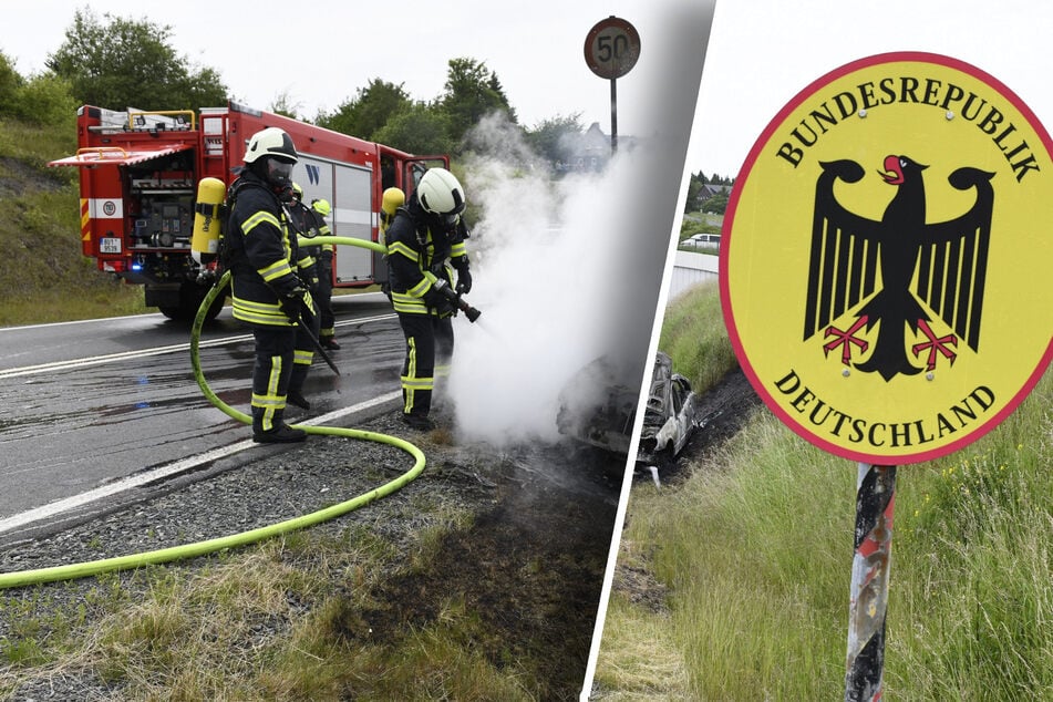 Mercedes rollt brennend über die Grenze ... und wird von beiden Seiten gelöscht