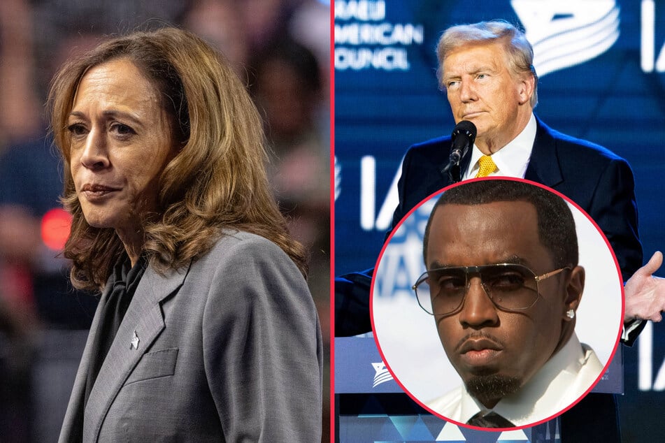 Donald Trump (top r.) reposted a fake image showing Kamala Harris (l.) with accused sex offender Sean "Diddy" Combs (bottom r.)