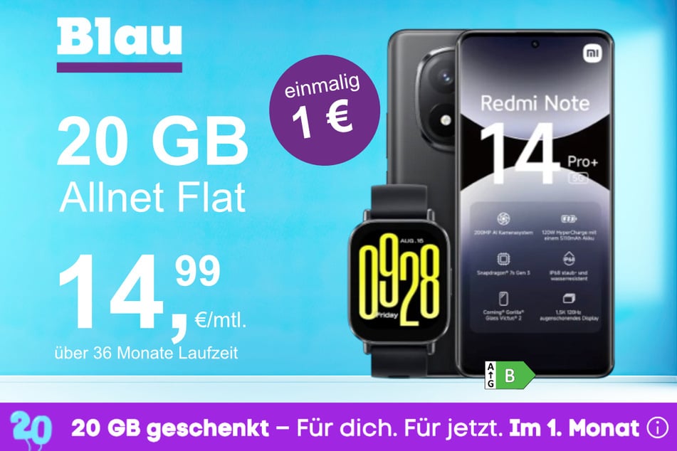 Das Xiaomi Redmi Note 14 Pro Plus + Watch 5 Active im Blau Allnet M für einmalig 1 Euro.