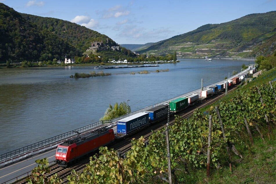 Ein Güterzug fährt bei Assmannshausen im Rheingau auf der rechtsrheinischen Bahnstrecke. (Archivbild)