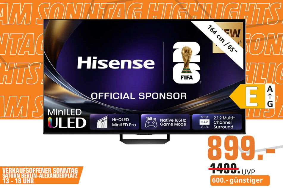 65-Zoll Hisense-Fernseher 65U7DS für 899 statt 1.499 Euro.