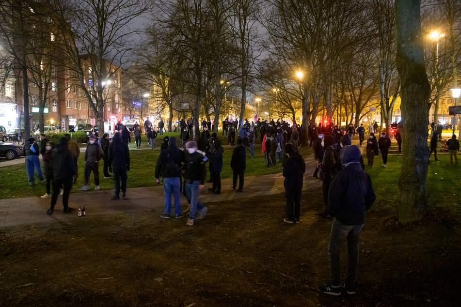 Demonstranten stehen während der Kundgebung im Arrivati-Park. Trotz eines Verbotes zogen sie mit Transparenten durch Hamburg.