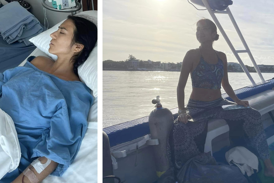 Das rechte Bild zeigt Amor Armitage (37) wenige Stunden vor dem Unfall auf dem Boot, was sie schwer verletzen und ins Krankenhaus bringen wird.