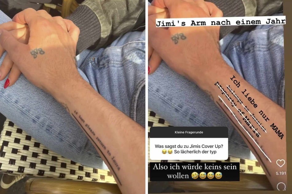 Die 28-Jährige machte sich über das neu gestochene Liebes-Tattoo (links im Bild) von Ex-Freund Jimi Blue Ochsenknecht (30) lustig (rechts).