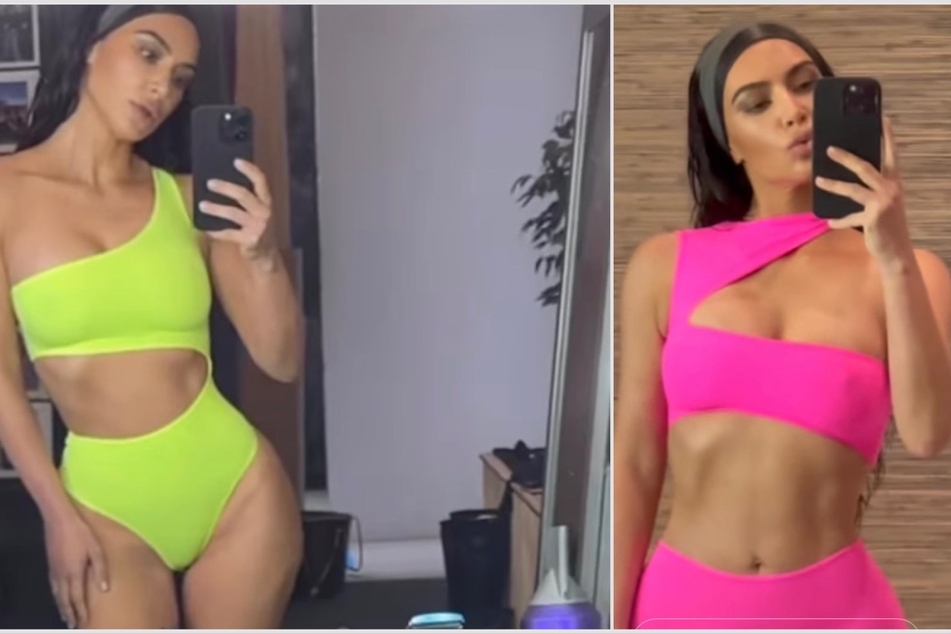 Kim Kardashian showed off her summer-ready body while modeling the newest neon swimwear pieces available from her clothing brand, SKIMS.
