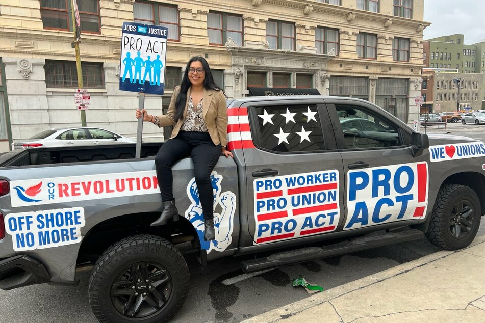 Jessica Cisneros, who is running to represent Texas' 28th congressional district, takes part in an Our Revolution tour in support of the PRO Act.