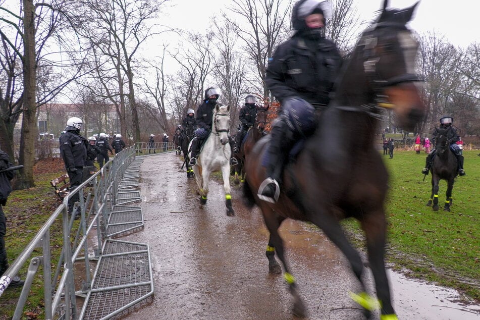 Die Polizei-Pferde sind teilweise enormen Stress-Situationen ausgesetzt - wie hier bei einer Demo in Dresden.