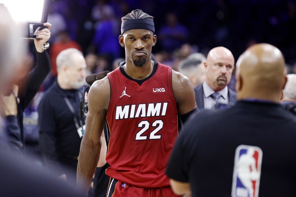 Jimmy Butler at the end of the Miami Heat's win over the Philadelphia 76ers in Game 6 of the 2022 NBA Eastern Conference semifinals.
