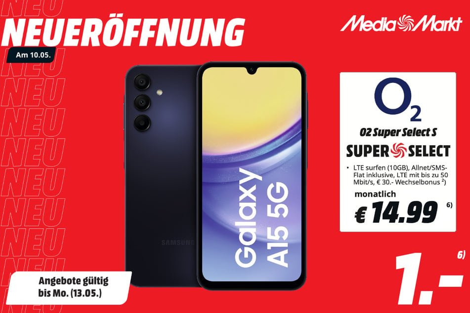 Samsung Galaxy A15 5G für 1 Euro / 14,99 Euro monatlich.