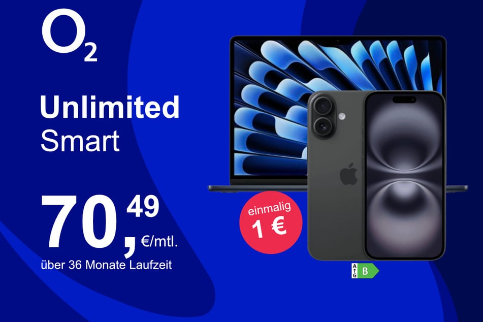 Bei o2 gibt's das iPhone 16 mit MacBook Air 13 für nur 1 Euro im Angebot.