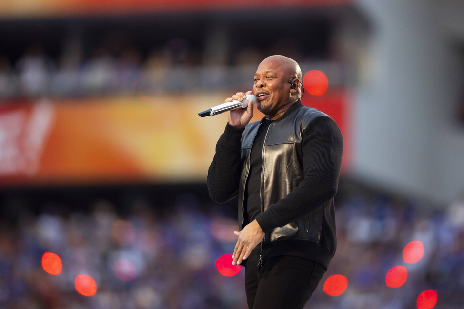 Iconic rapper Dr. Dre performing at the Super Bowl LVI Halftime Show in February 2022.
