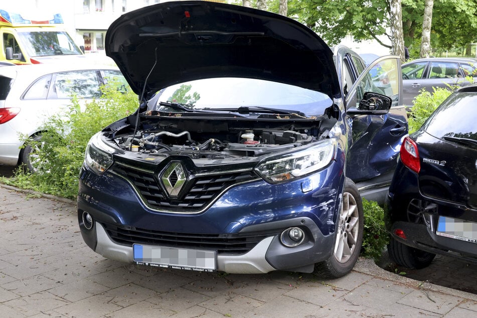 Der Renault landete in einer Hecke zwischen den Parkbuchten.
