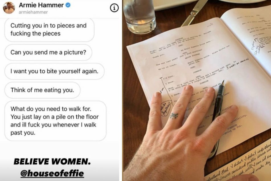 The finger ink in a picture supposedly sent by Armie Hammer (r.) bears a striking resemblance to a tattoo the actor has in real life.