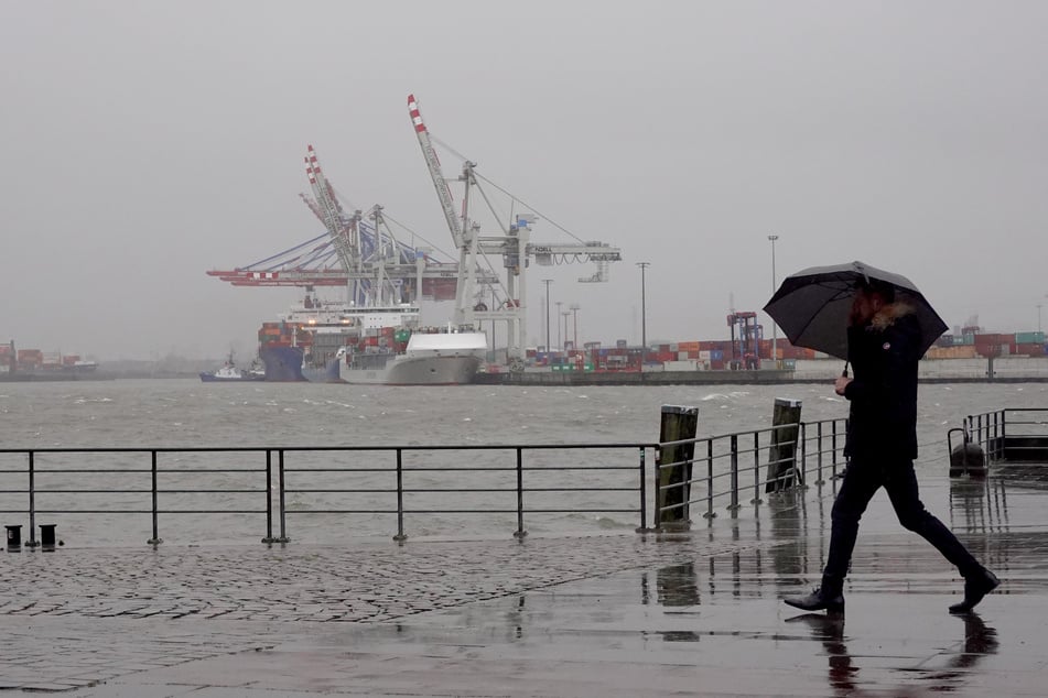 Ein Passant geht im Regen und Wind die Große Elbstraße an der Elbe in Hamburg entlang. Die nächsten Tage im Norden werden stürmisch und nass. (Symbolfoto)