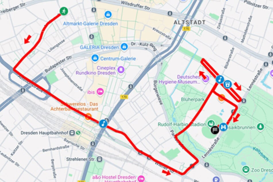 So sieht die diesjährige Route aus. Start ist auf der Annenstraße, Ziel ist wie die Jahre zuvor das Rudolf-Harbig-Stadion.
